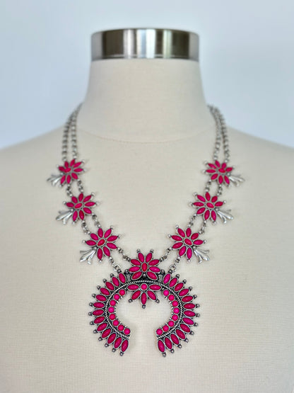 Fuchsia Squash Blossom Necklace and Earring Set