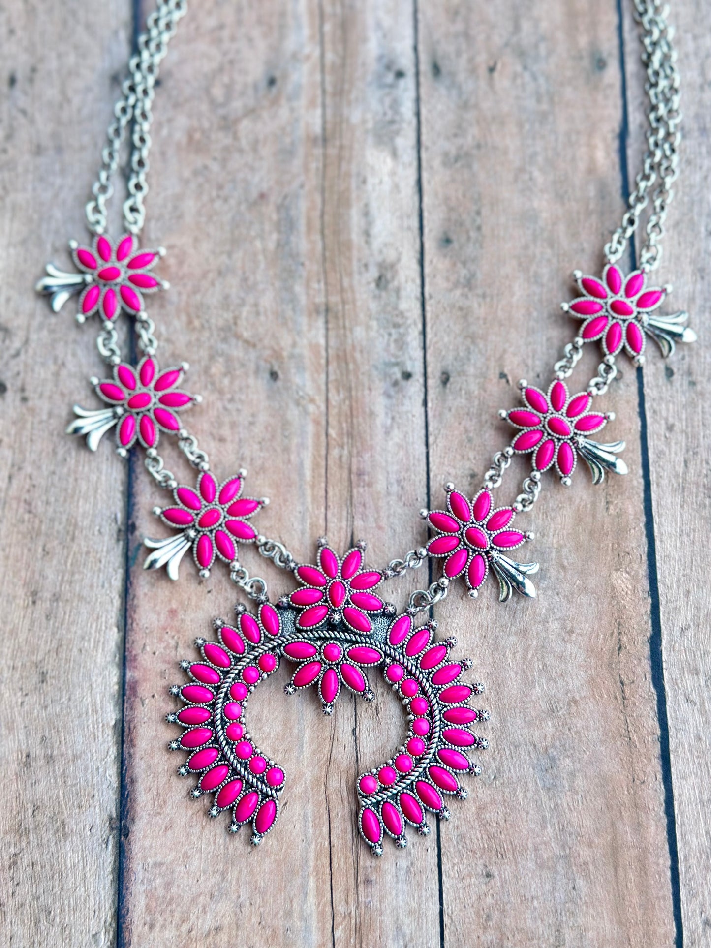 Fuchsia Squash Blossom Necklace and Earring Set