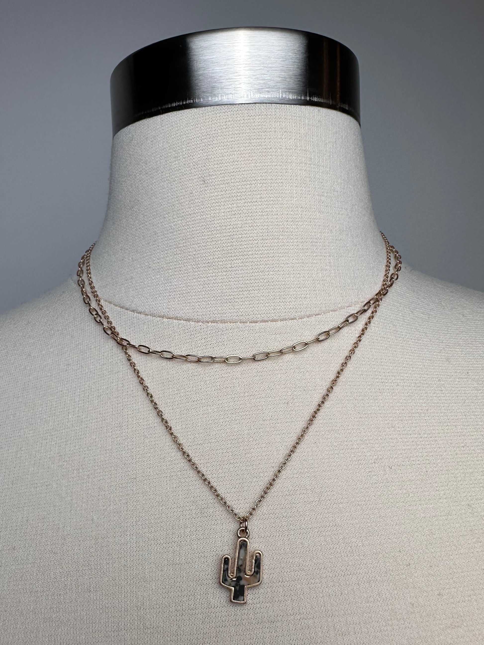 Natural Stone Cactus Layered Goldtone Necklace